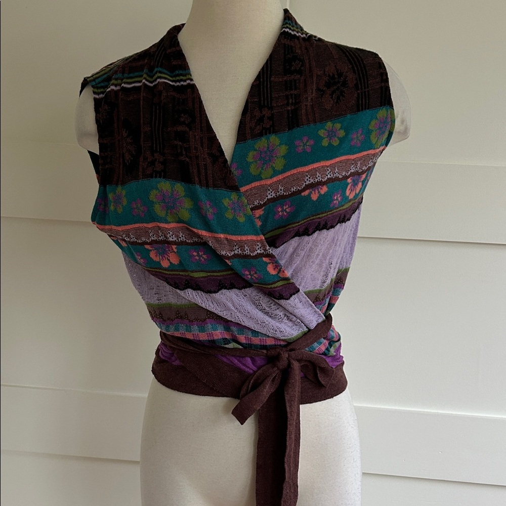 CATHERINE ANDRE-sleeveless wrap sweater top, purple teal and orange